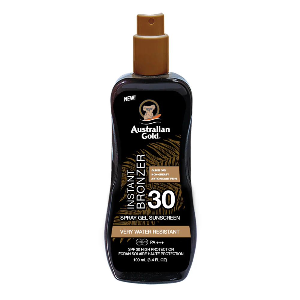Sprejový gél s okamžitým bronzerom SPF30 – cestovná veľkosť – Vysoko ochranný telový opaľovací gél.