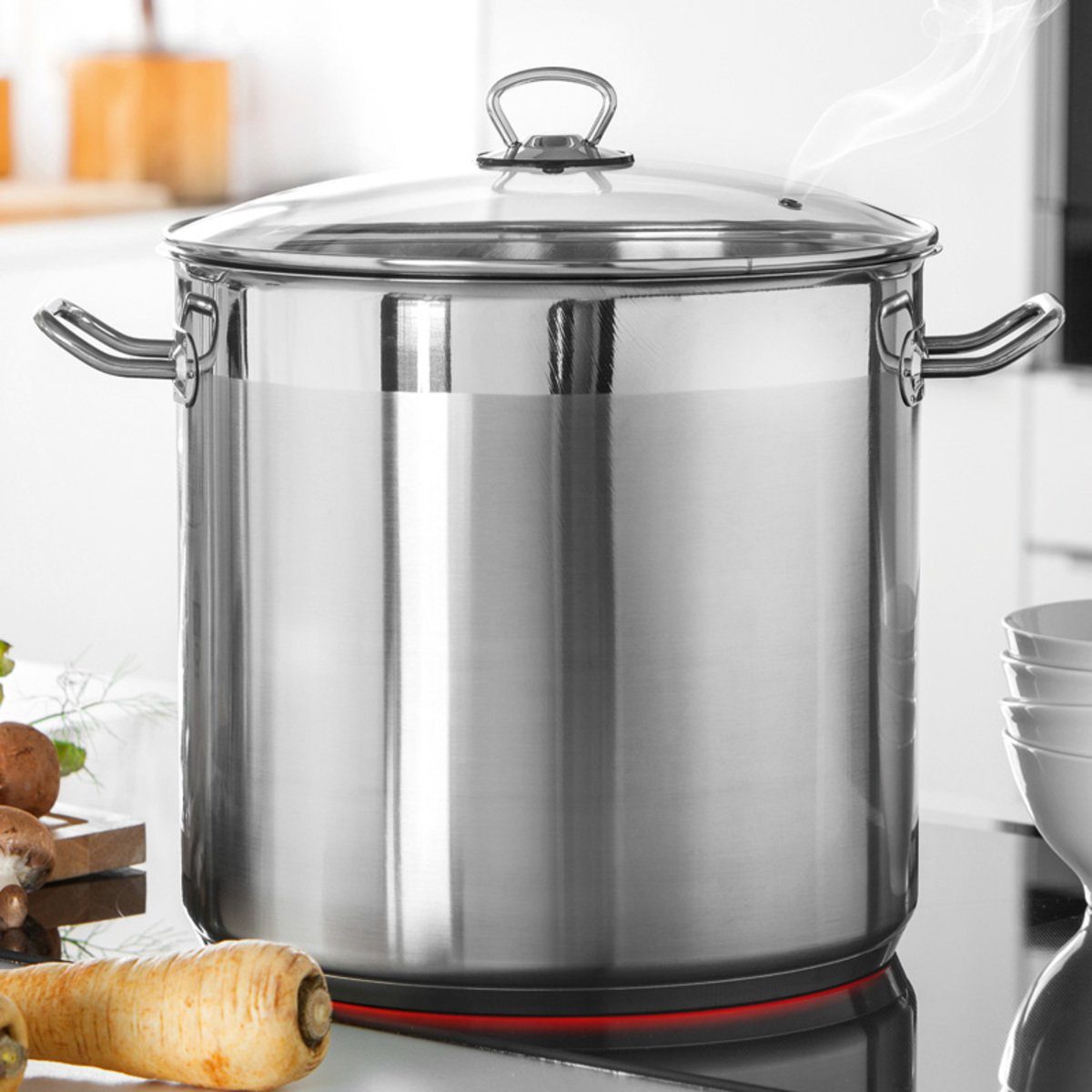 bemus Kochtopf BenVita Edelstahltopf, Allzwecktopf 10 Liter, 15 Liter & 20 Liter, Edelstahl 18/10 (Jumbotopf mit Glasdeckel, (Weihnachten, Geburtstag, Geschenk Idee), Kaltmetallgriffe, Induktionsgeeignet