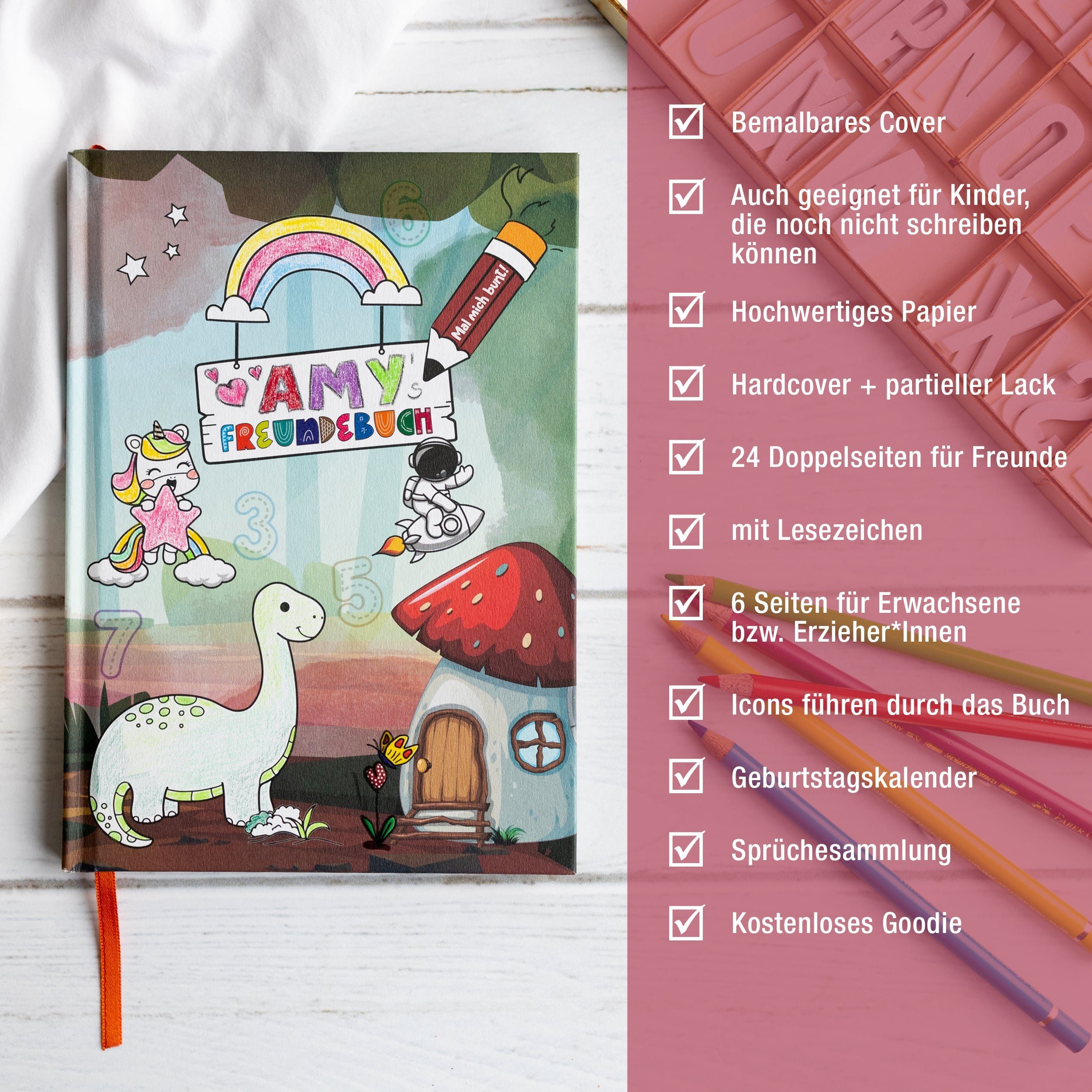 TOBJA Poesiealbum Freundebuch für Kindergarten & Krippe, Individuell gestaltbares Cover, Erinnerungen an Freundschaften