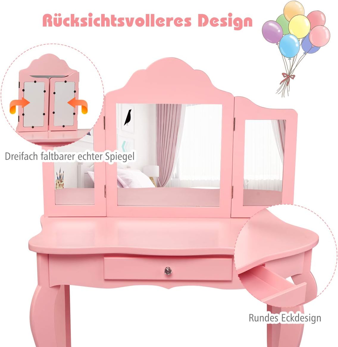 Costway Kinder Schminktisch mit Hocker und Abnehmbarer Spiegel