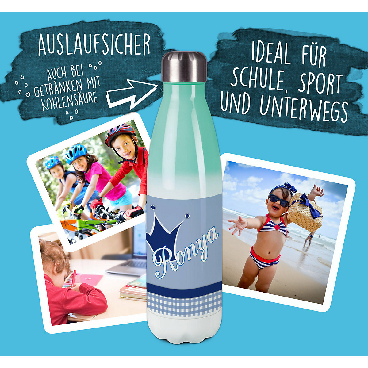 Edelstahl Kinder Thermoflasche / Trinkflasche bunt Krone Farbe blau Spülmaschinenfest, Auslaufsicher, Bruchfest, Doppelwandig, Für Heißgetränke geeignet, Mit Deckel, Isoliert