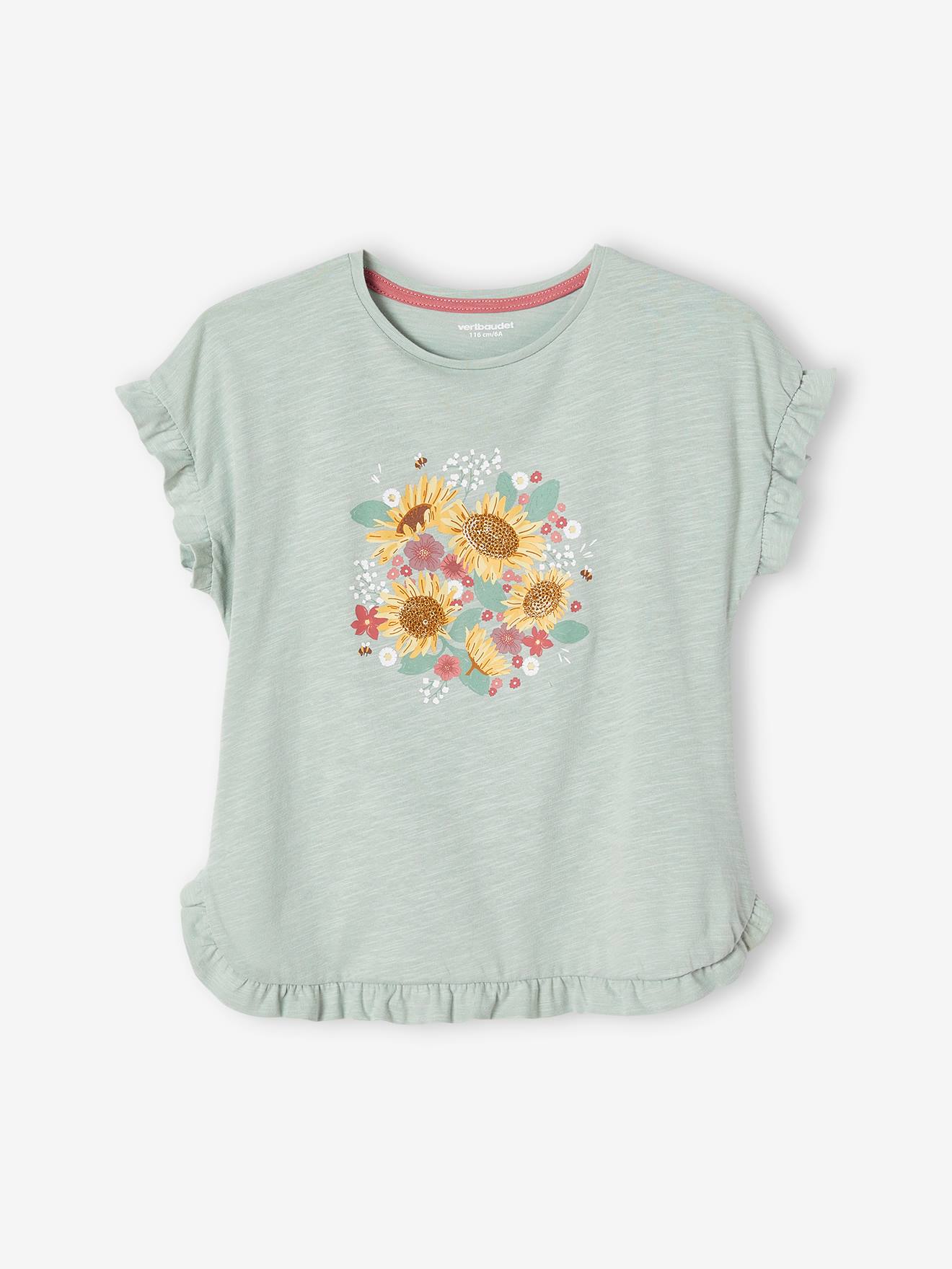 Vertbaudet Mädchen T-Shirt mit Pailletten-Print und Volants Oeko-Tex - aqua