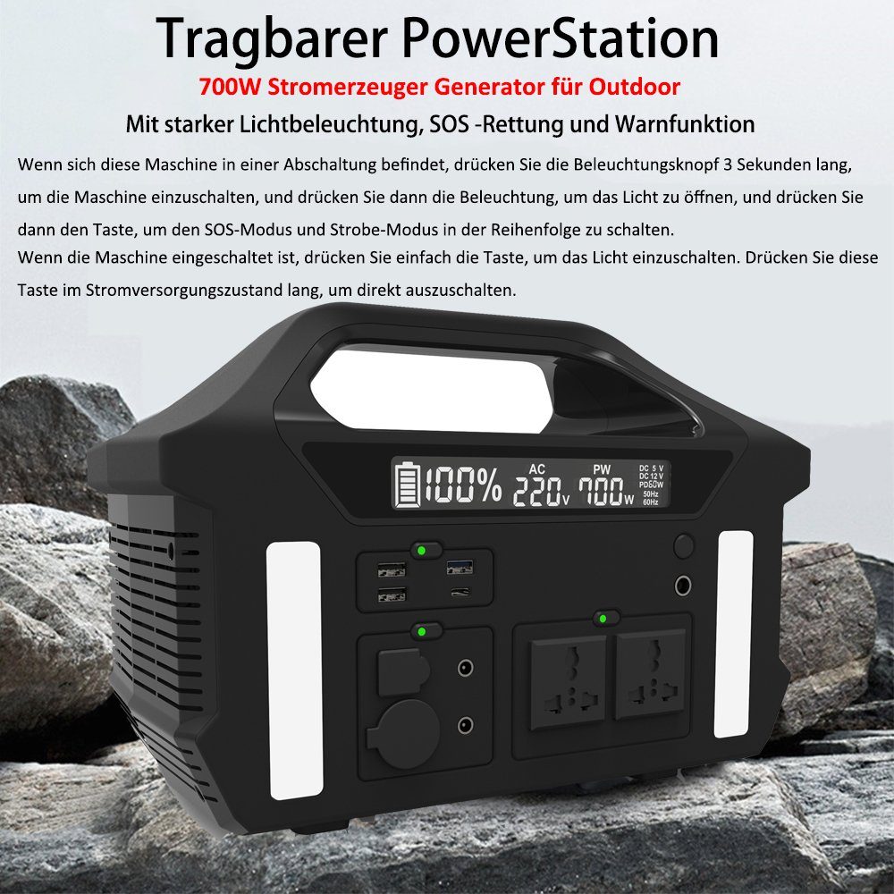 Mutoy Stromerzeuger Tragbare Powerstation 700W, Stromgenerator für Outdoor Notfall, (187200 mAh Stromgenerator mit Lithiumbatterie in Automobilqualität), Stromversorgung für Wohnmobil, Heimwerken und als Notstromaggregat