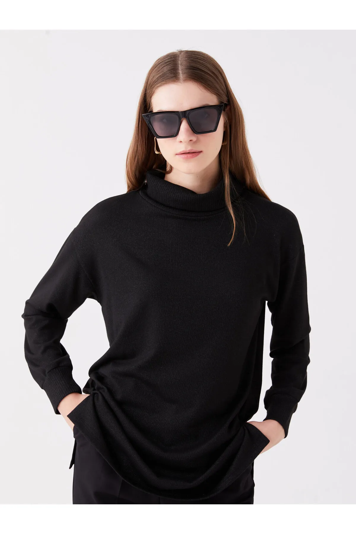 LC Waikiki  Rollkragenpullover, einfarbig, langärmlig, übergroße Damen-Tunika