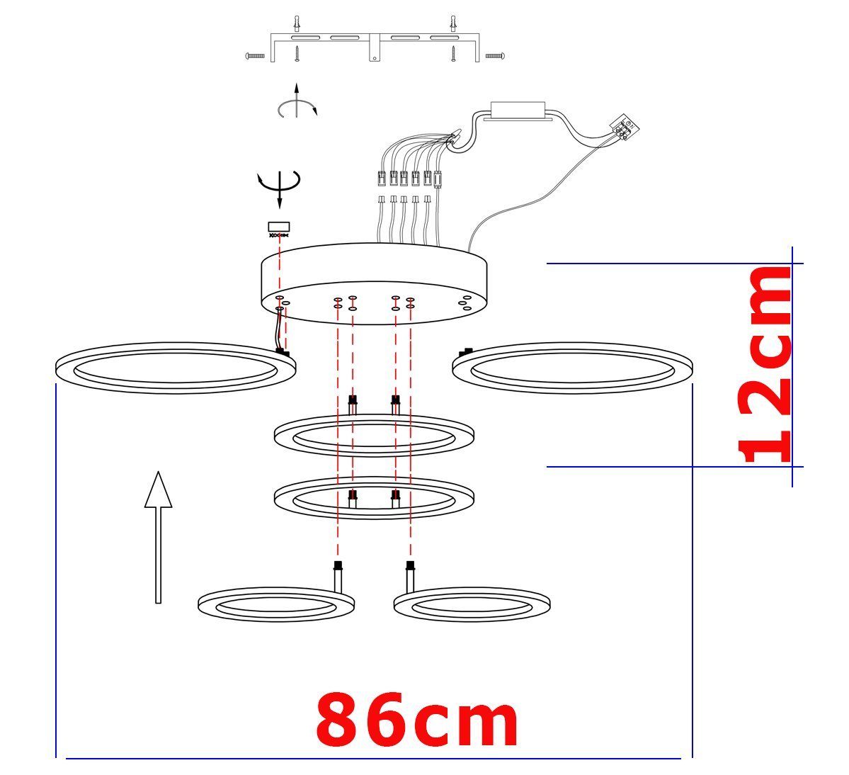 Lewima LED Deckenleuchte XL-XXL groß glitzernd funkelnd Deckenlampe 11-45W, Dimmbar per Fernbedienung, Einstellungen werden gespeichert, Farbwechsel Warmweiß / Kaltweiß / Neutralweiß einstellbar, 6 Ringe Weiß, 86x58cm