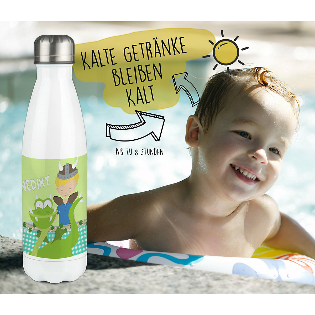 Edelstahl Kinder Thermoflasche / Trinkflasche bunt Wikinger Spülmaschinenfest, Auslaufsicher, Bruchfest, Doppelwandig, Für Heißgetränke geeignet, Mit Deckel, Isoliert