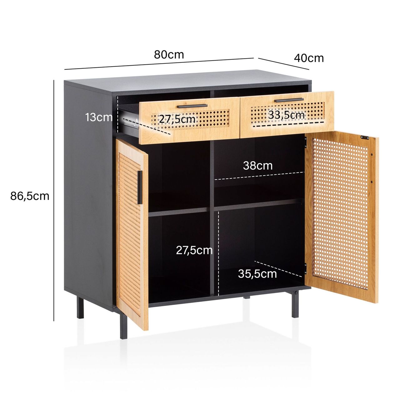 Wohnling Sideboard 80 cm Anrichte Schwarz Kommodenschrank mit Wiener Geflecht