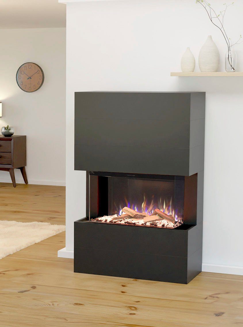 GLOW FIRE Elektrokamin Portia, 3sided E-Motion 3D LED, täuschend echte Flamme mit Heizung, Kristall- und Holz Dekoration
