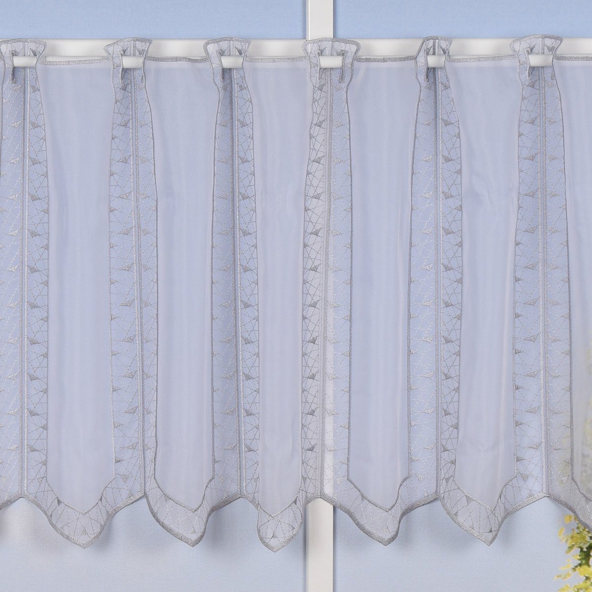 Meterware Stickerei-Scheibengardine transparent und nähfrei Dreiecke weiß silbe, SCHÖNER LEBEN., halbtransparent, Stickerei/Stickstoff, bestickt