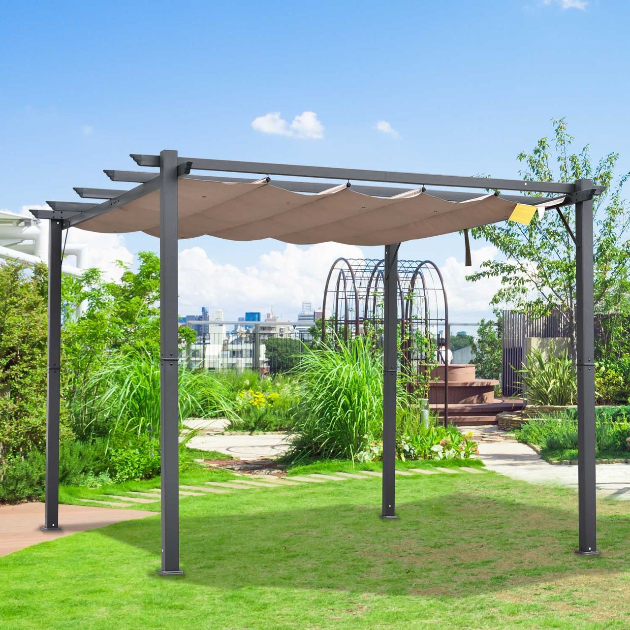 Outsunny Pergola Pavillon Terrassenüberdachung mit Schiebedach Garten Alu Kohlegrau Kaffeebraun 3x3x2,23 m