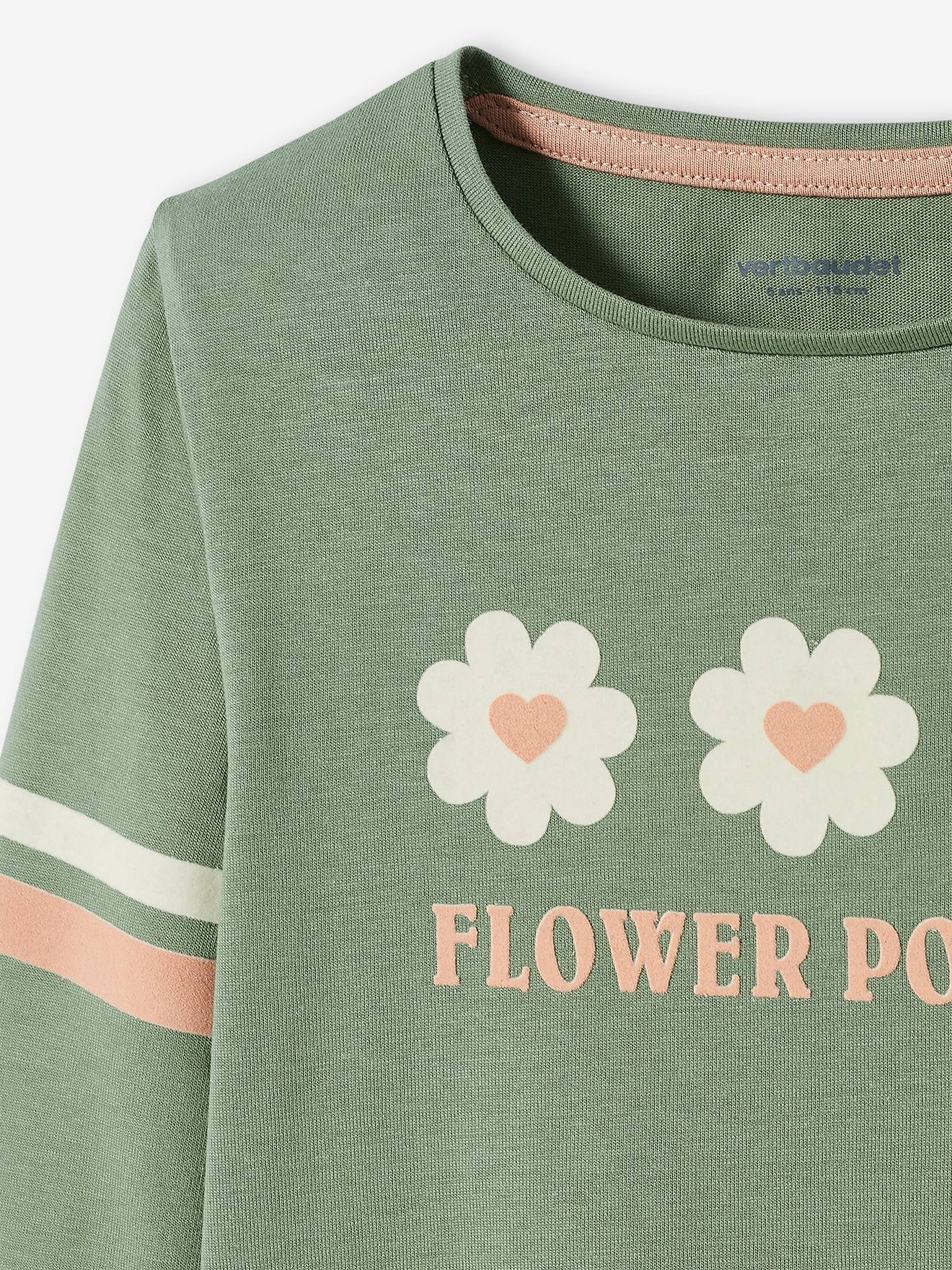 T-shirt à fleurs détails flocage velours fille vert