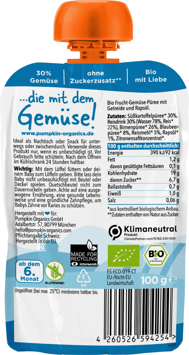 Quetschie Süßkartoffel, Reis, Birne & Blaubeere, ab 6 Monaten, 100 g