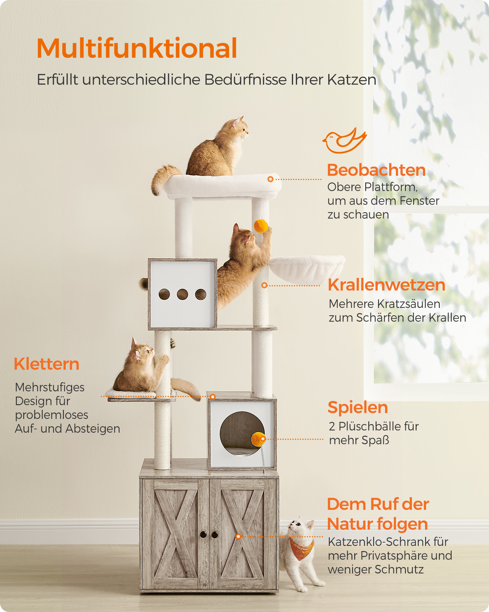 FEANDREA Kratzbäume FEANDREA Kratzbaum 185cm mit Katzenklo-Schrank vintagebraun grau