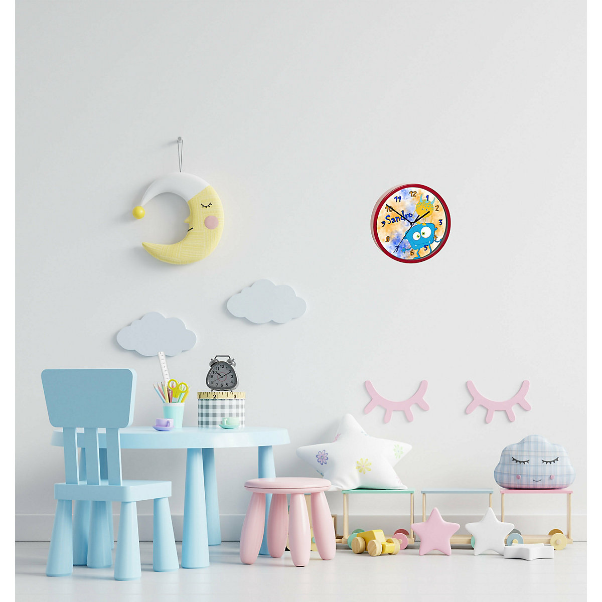 Kinder Wanduhr laufruhig personalisiert mit Name Monster