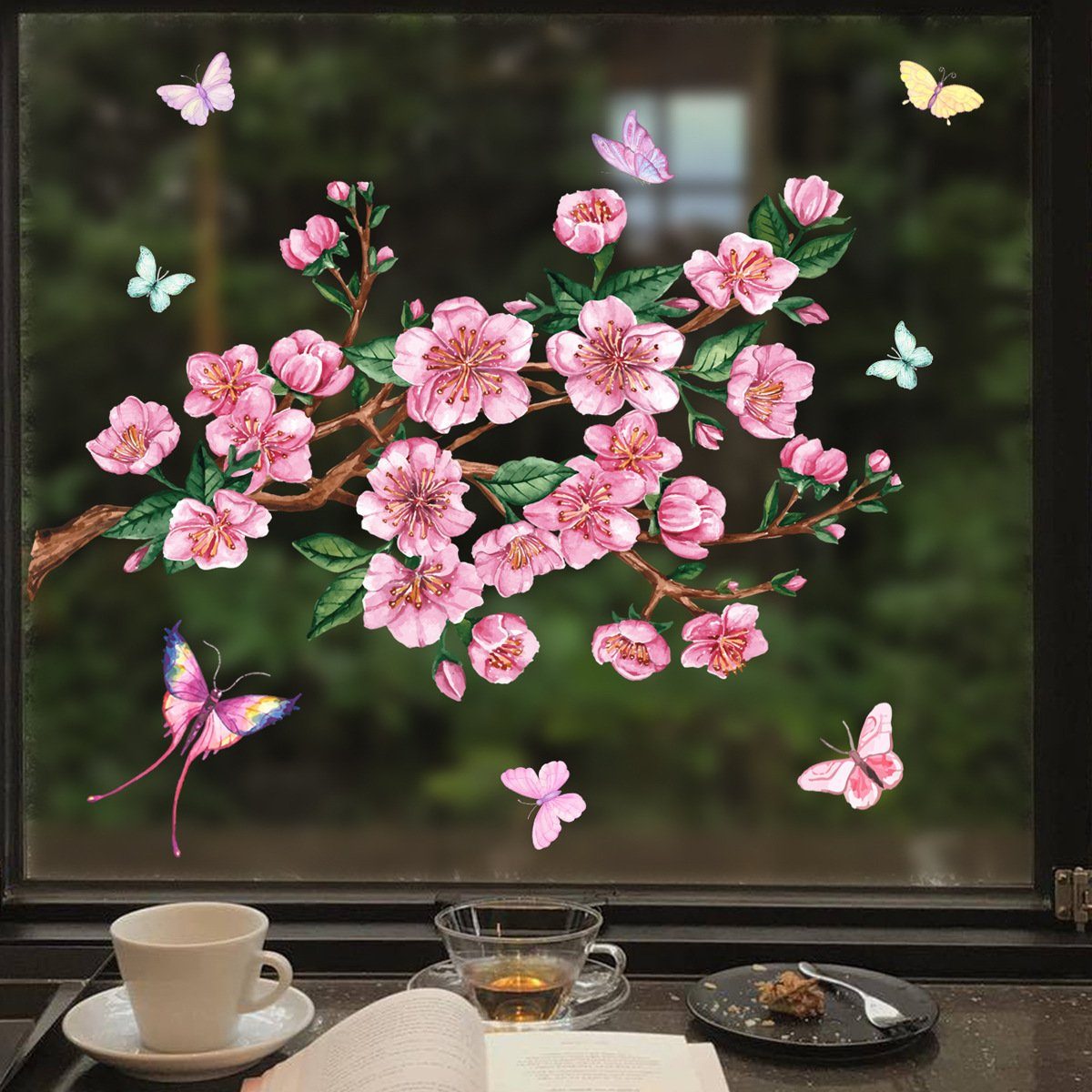 Fenstersticker Zweig-Pfirsichblüten-Schmetterlings-Fensteraufkleber, Aatrx