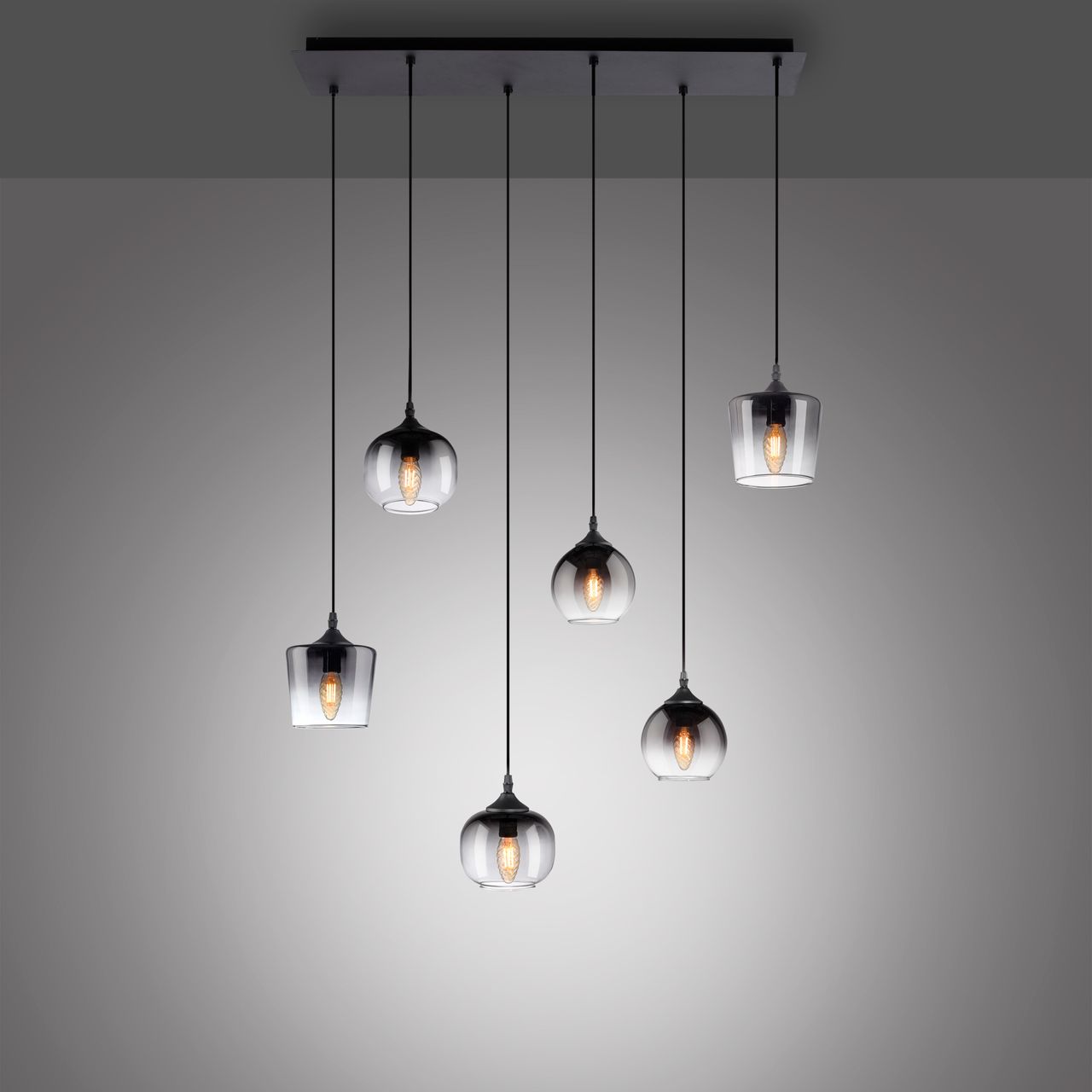 JUST LIGHT Pendelleuchte GREEN ZEA, 6x E14/25 Watt max., rauchfarbene Gläser, Schwarz