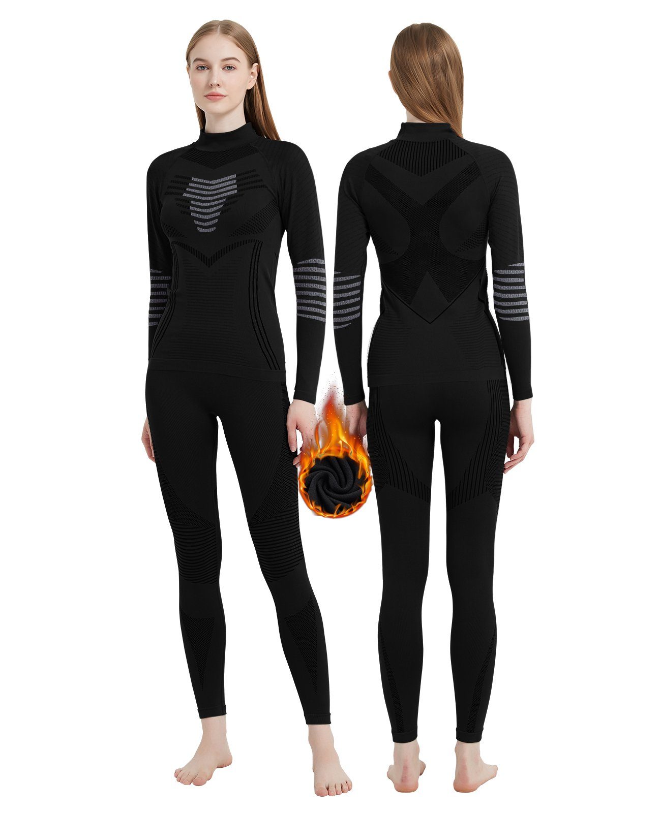 MEETYOO Thermounterhemd Damen Fleece Funktionsunterwäsche Set (Funktionsunterwäsche Skiunterwäsche Set, Lange Thermohemd Unterhose) Lange Unterhosen Kompressionsanzug S-XL