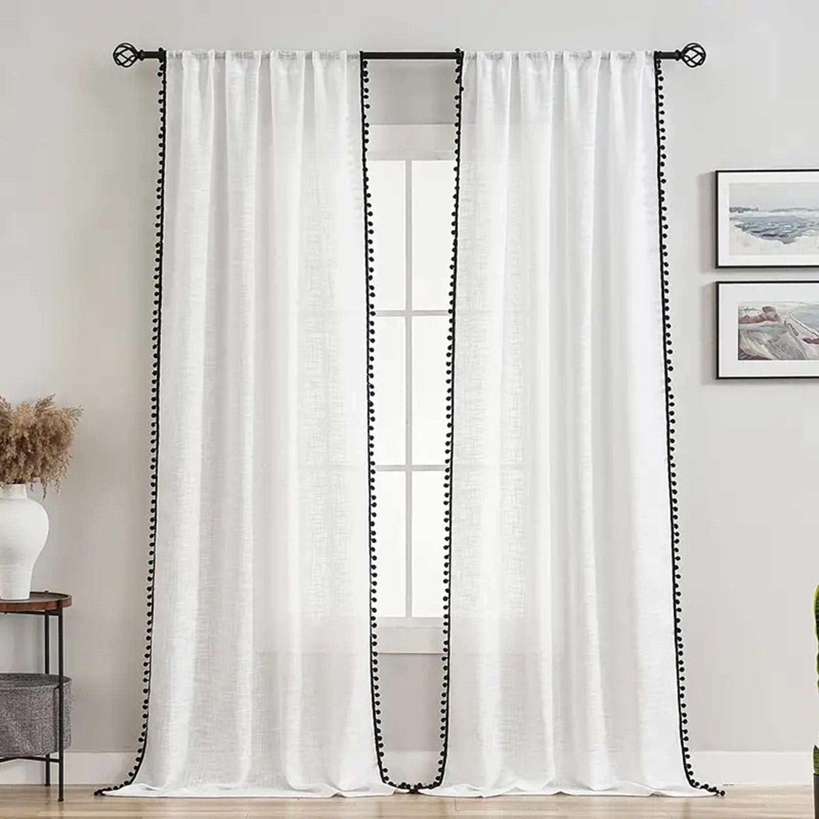 Scheibengardine Gardinen 1/2 St. Weiße Fenster-Vorhang Pompon Fertiggardinen Vorhänge, BTTO, (1 St), 132x160/132x213/132x241/132x274cm Heimtextilien,Halbtransparent