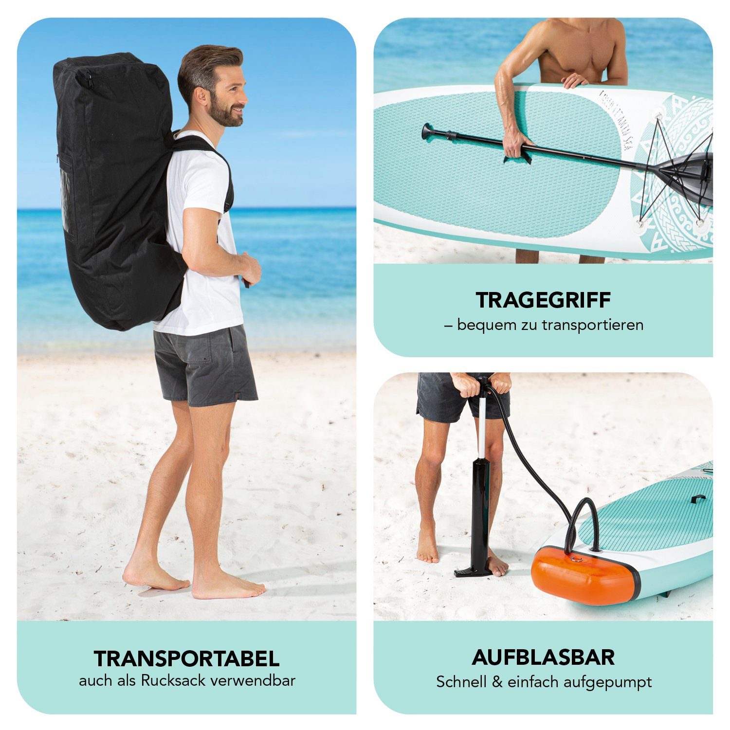 EASYmaxx Inflatable SUP-Board Stand Up Paddle Board - komplett Set, 300 cm, 110kg, inkl. Paddle und Zubehör