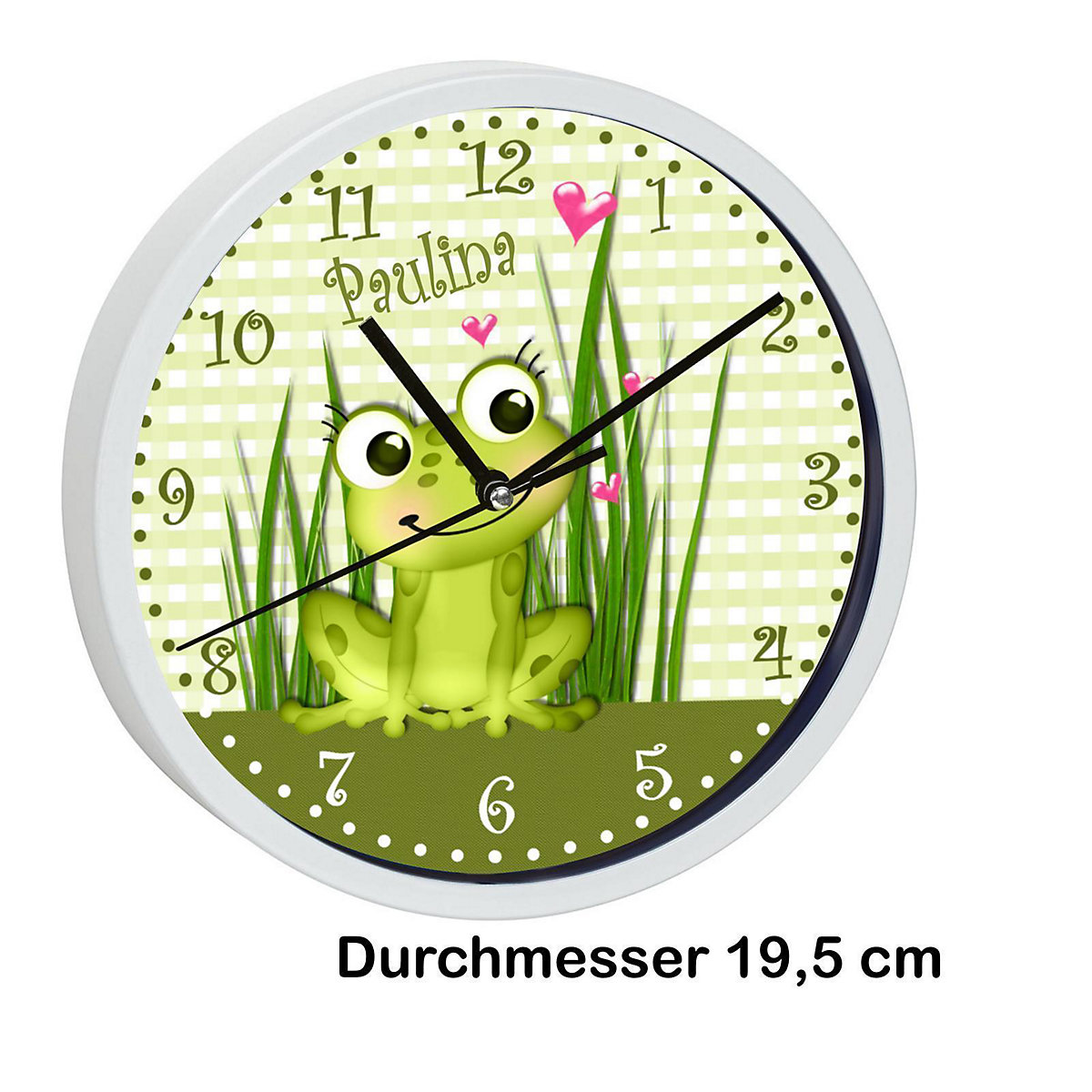 Kinder Wanduhr personalisiert mit Name Frosch-Graß-Karo