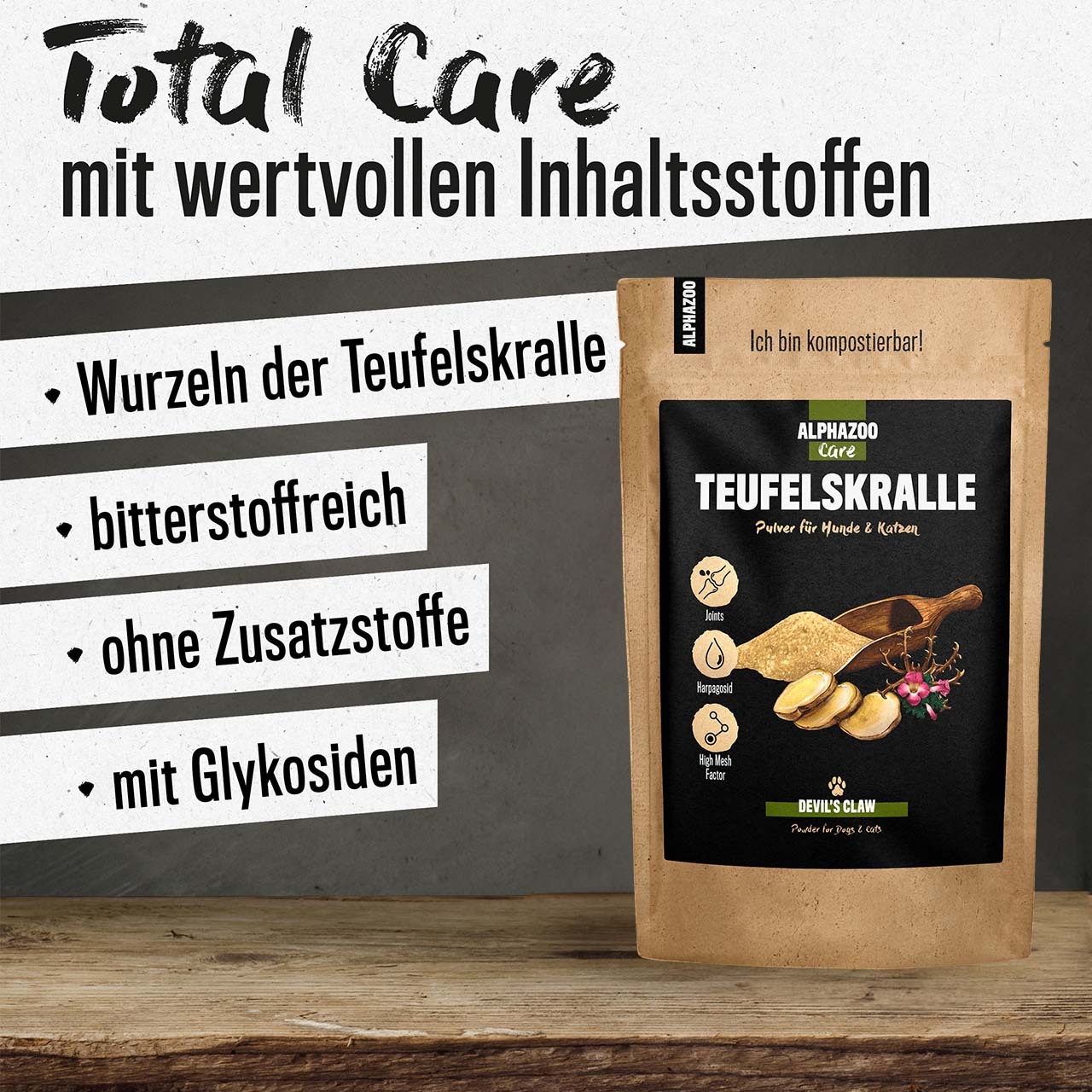 ALPHAZOO Ergänzungsfutter & Aufzucht ALPHAZOO Afrikanische Teufelskralle gemahlen für Hunde und Katzen 100 g