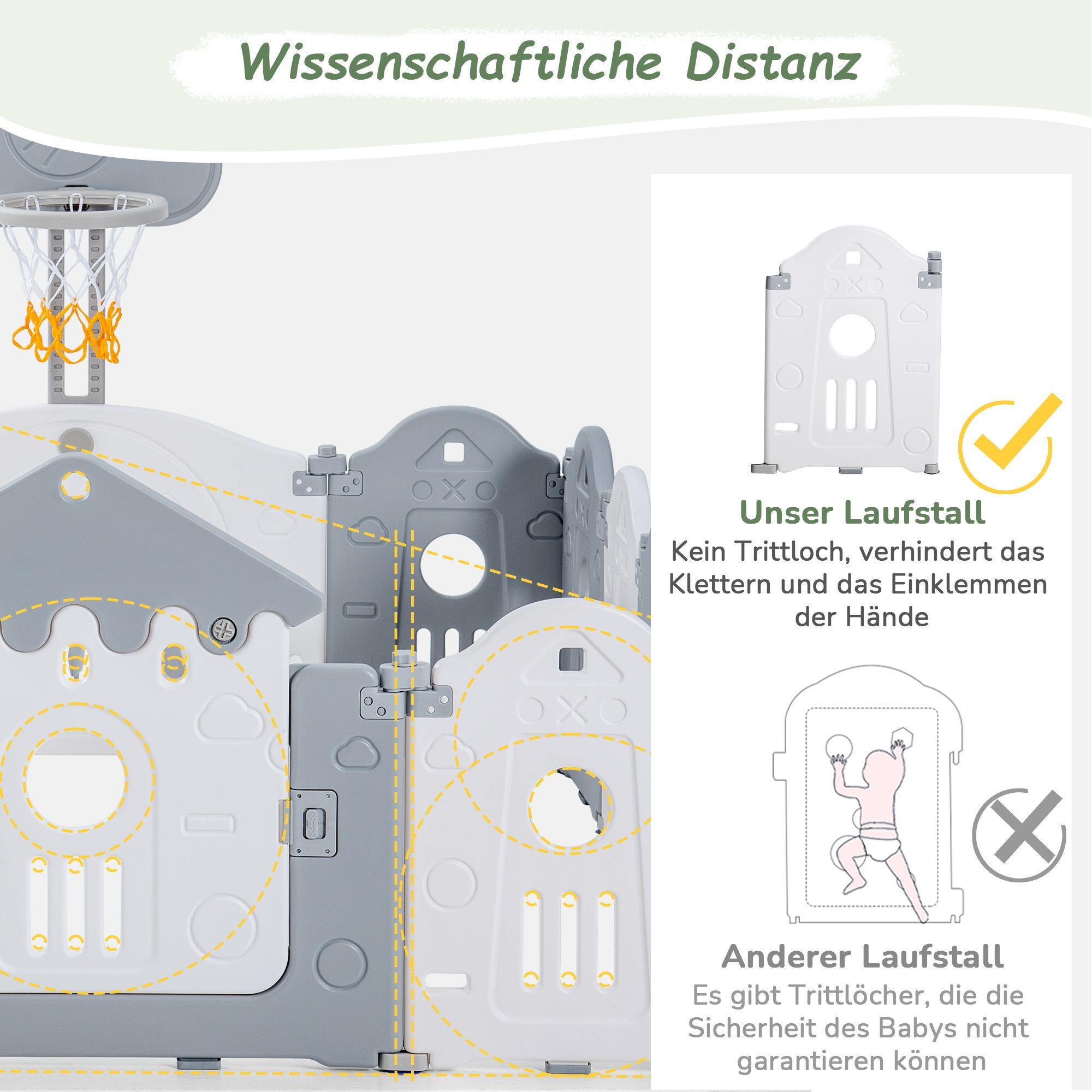 WISHDOR Laufstall Kunststoff Spielzeugboard Basketballkorb (Basketballkorb Spielzubehör 160x160x77cm kann verschoben werden), Laufställe, Schutzgitter aus Kunststoff mit Tür Spielzeugboard