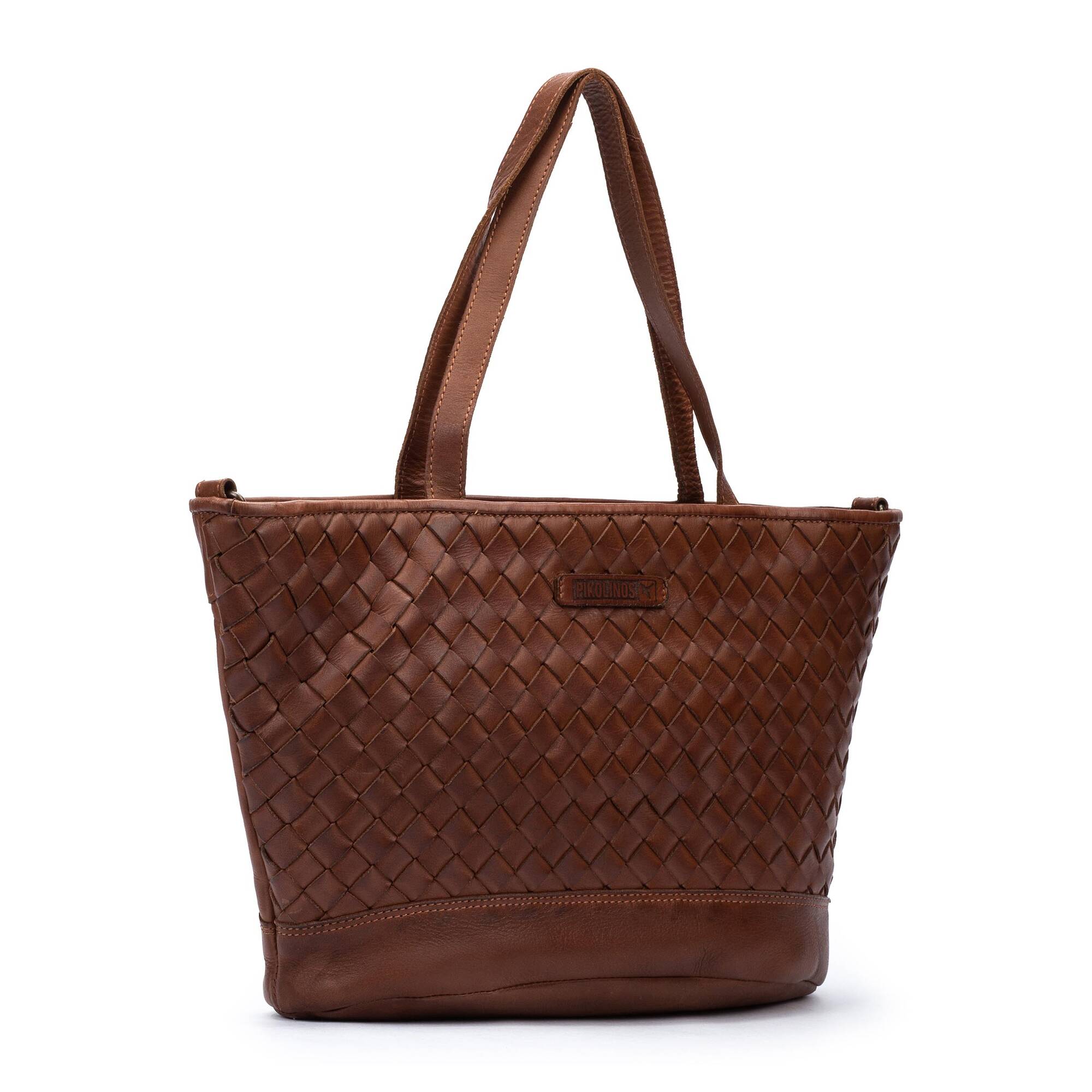 Torba shopperka damska z plecionej skóry - COGNAC