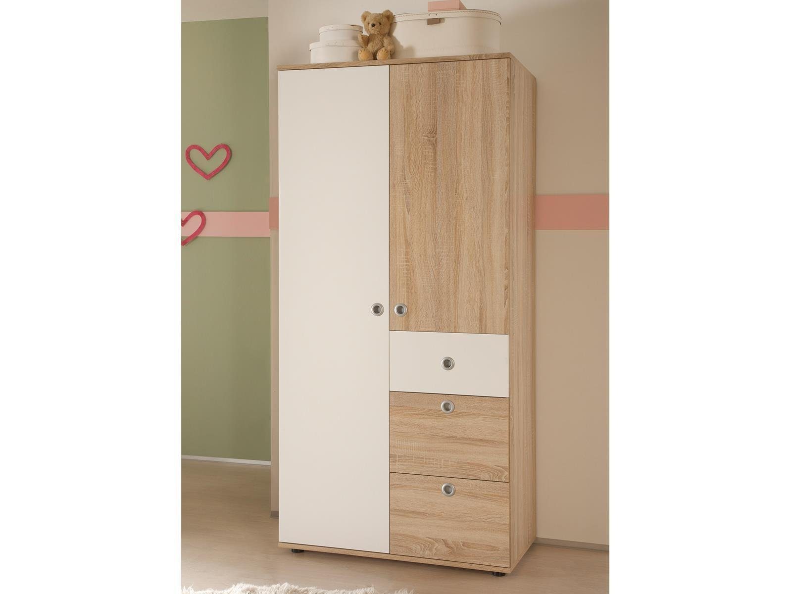 möbelando Drehtürenschrank Floris Moderner Kinder-Kleiderschrank aus Spanplatte in Sonoma-Eiche Nachbildung, Absetzungen in Weiß mit 3 Schubkästen und 2 Türen dahinter 2 Kleiderstangen und 3 Einlegeböden. Breite 90 cm, Höhe 191 cm, Tiefe 53 cm