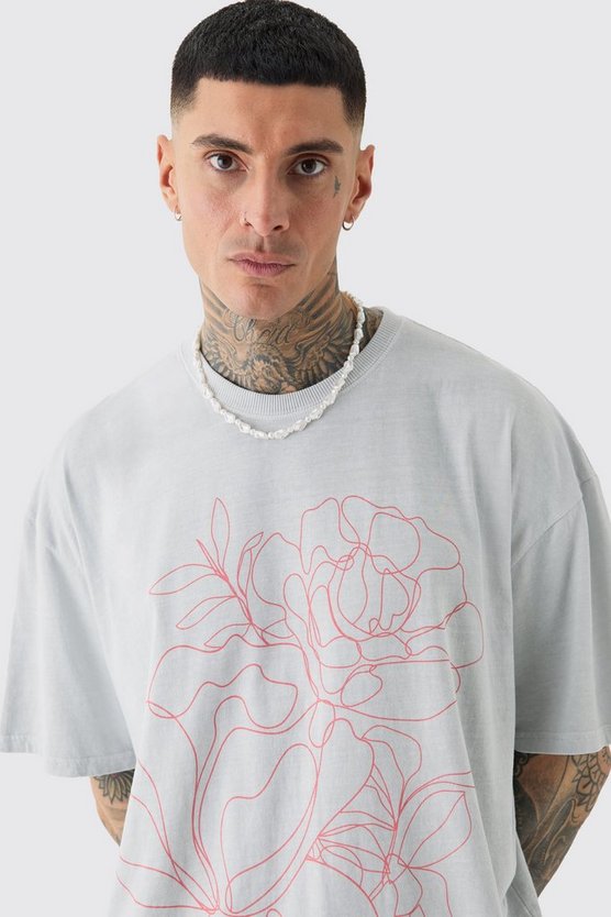 Tall graues Oversize T-Shirt mit floralem Print