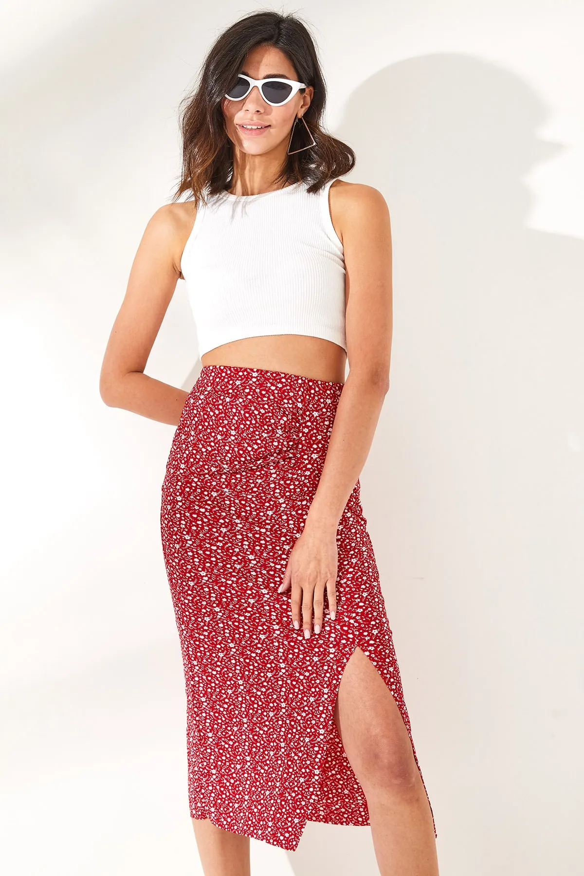 Olalook  Damen Blumen Rot Front Kordelzug Schlitz Strickrock ETK-19000202