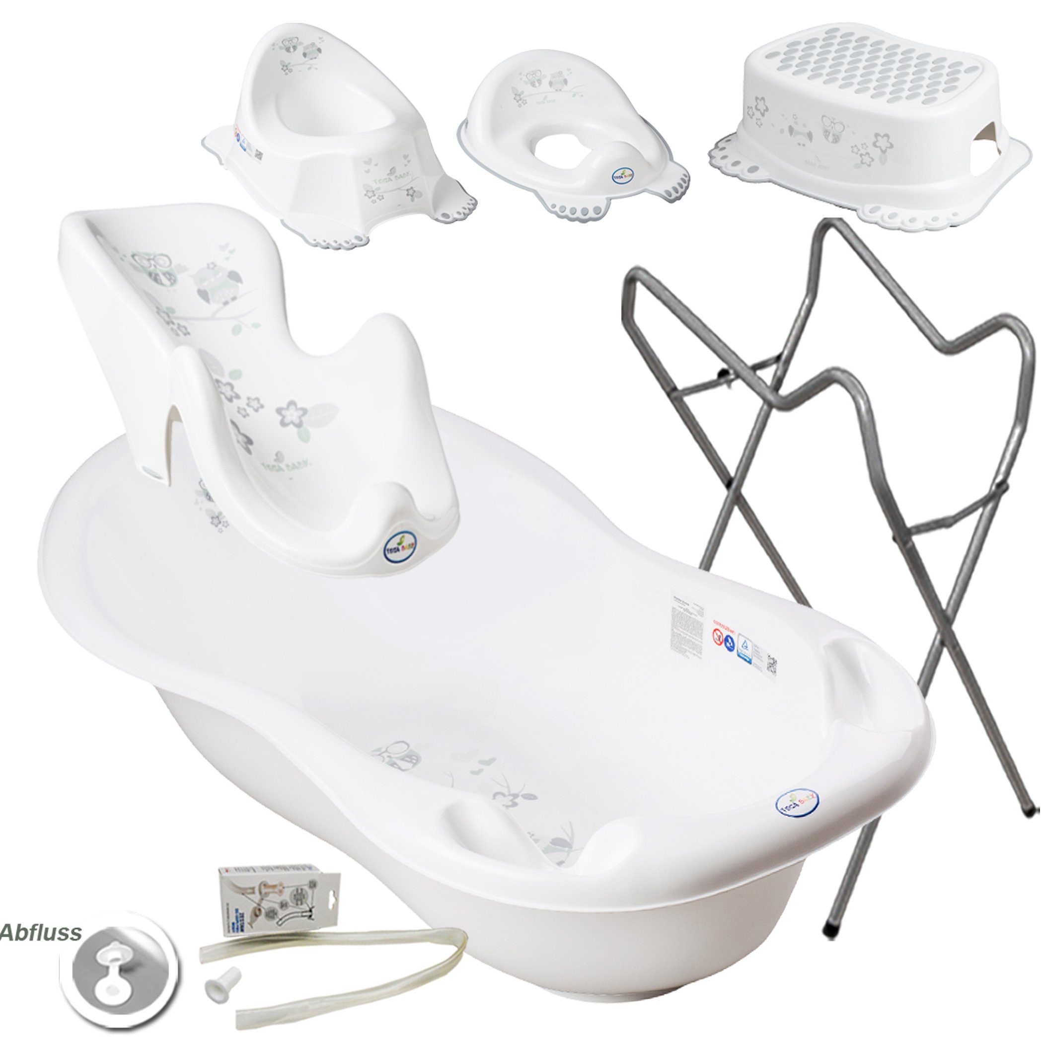Tega-Baby Babybadewanne 6 Teile SET AB -EULE + Ständer Grau - Abflussset Baby Wanne, (Premium.set Made in Europe), Wanne+ Badesitz+ Töpfchen+ WC Aufsatz+ Hocker+ Ablauf Set+ Ständer