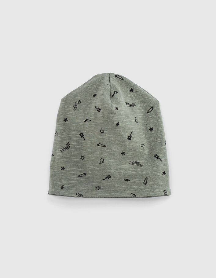 Bonnet réversible kaki et imprimé rock coton bio bébé