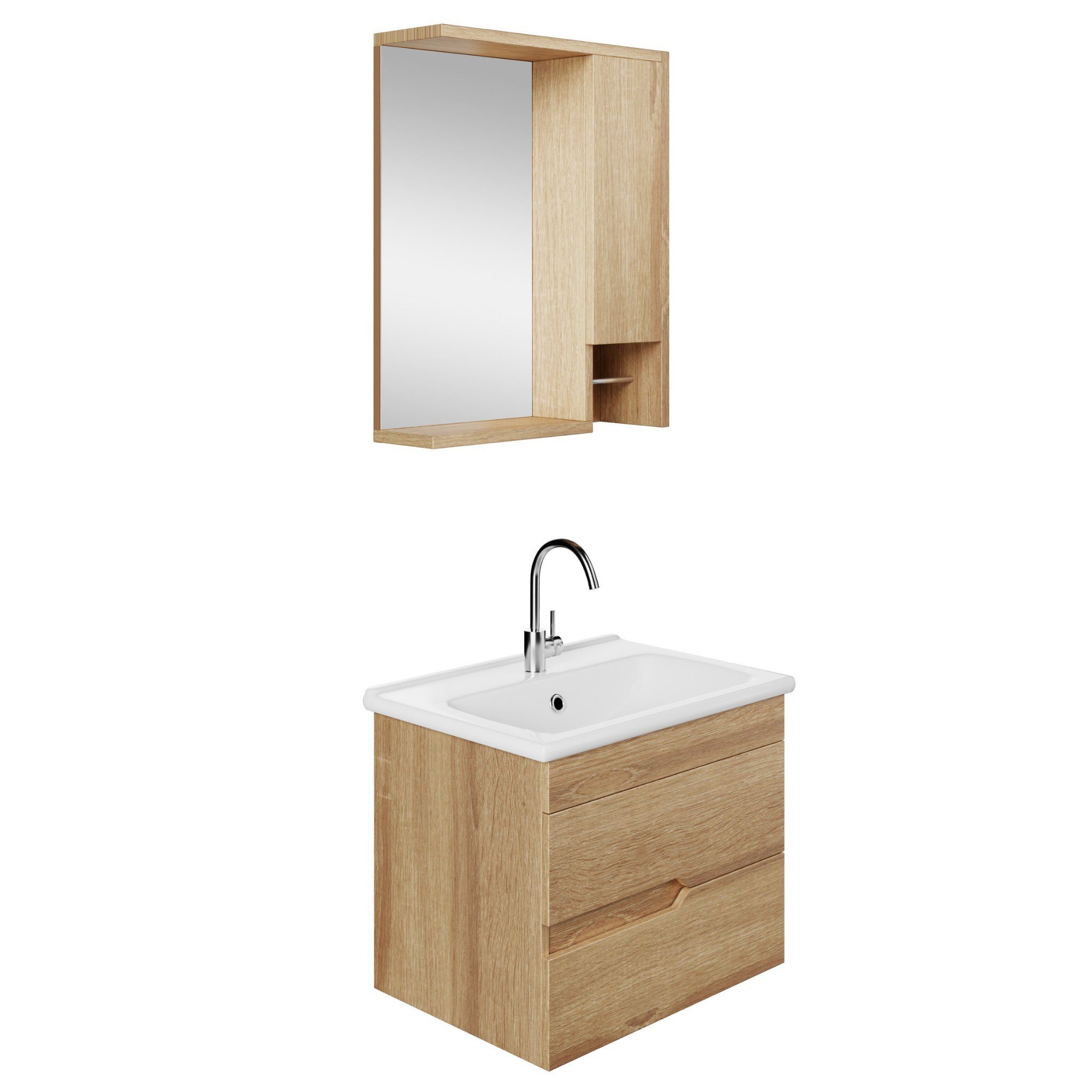 Karen Badezimmer-Set Marmara (Eiche), (Komplett-Set, 3-Teilig (Unterschrank, Spiegelschrank, Waschbecken), Innovatives Design, MDF Lam, Softclose, Funktionalität
