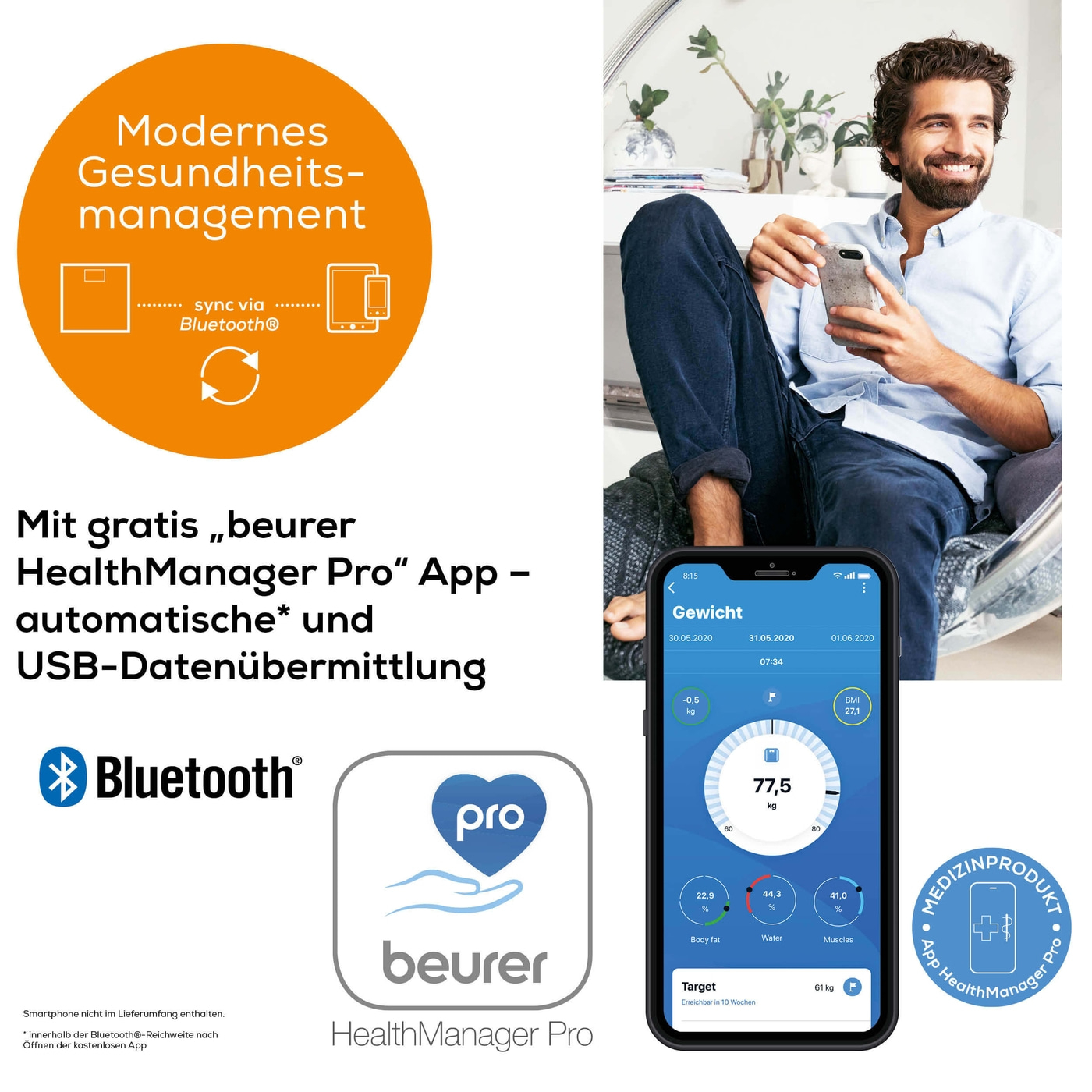 Beurer Diagnosewaage BF 105 BodyComplete-Körperwaage mit Ganzkörperanalyse Ober-/Unterkörper & App-Anbindung bis 180 kg