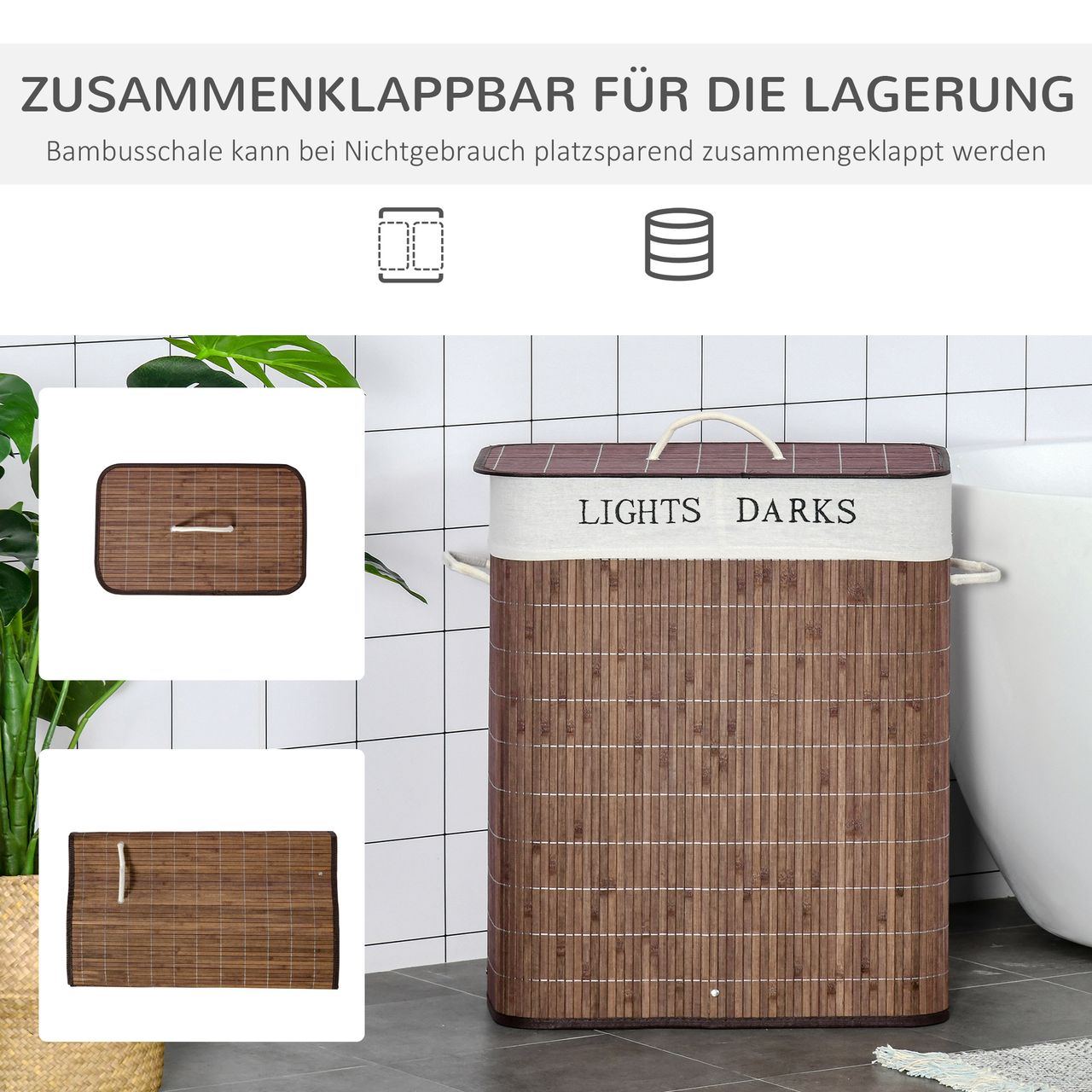 HOMCOM Wäschebox Wäschekorb abnehmbar mit 3 Griffe Polyester Metall Braun Weiß