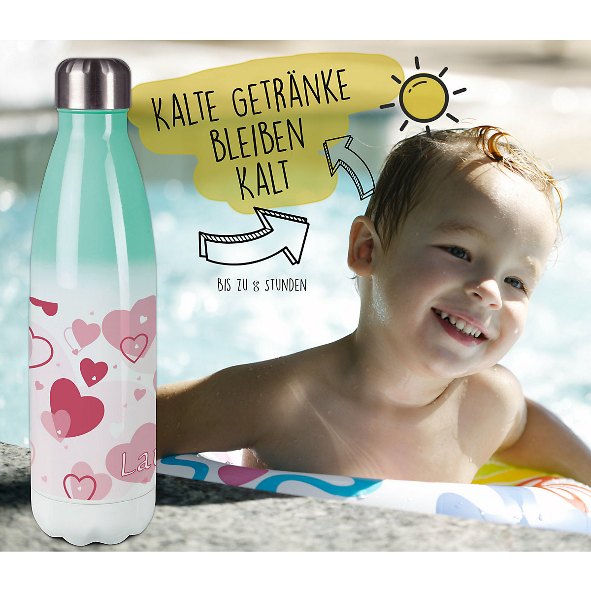 Edelstahl Kinder Thermoflasche / Trinkflasche bunt Herz Farbe rosa Spülmaschinenfest, Auslaufsicher, Bruchfest, Doppelwandig, Für Heißgetränke geeignet, Mit Deckel, Isoliert