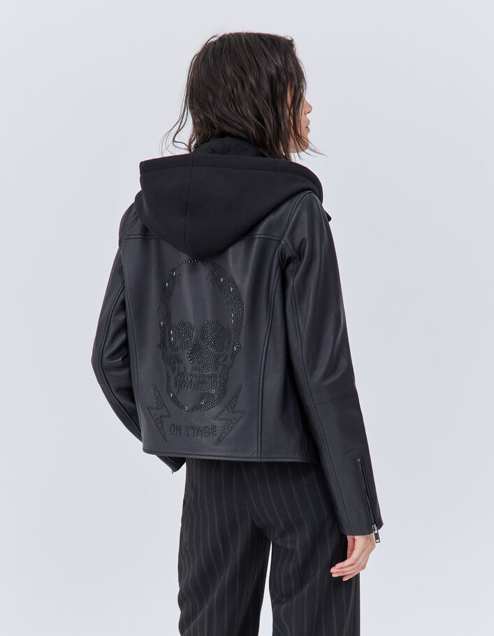 Veste en cuir noir esprit motard dos clouté Femme
