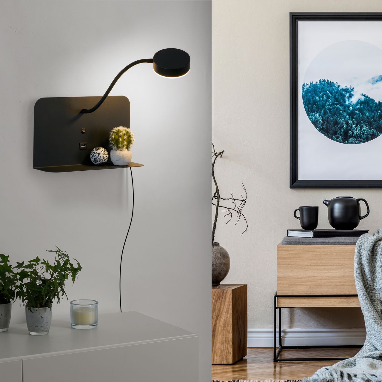 JUST LIGHT LeuchtenDirekt LED Wandleuchte BOARD, dreh- und schwenkbar, USB, 3000 K, Ablagefläche, Innenleuchte, IP20
