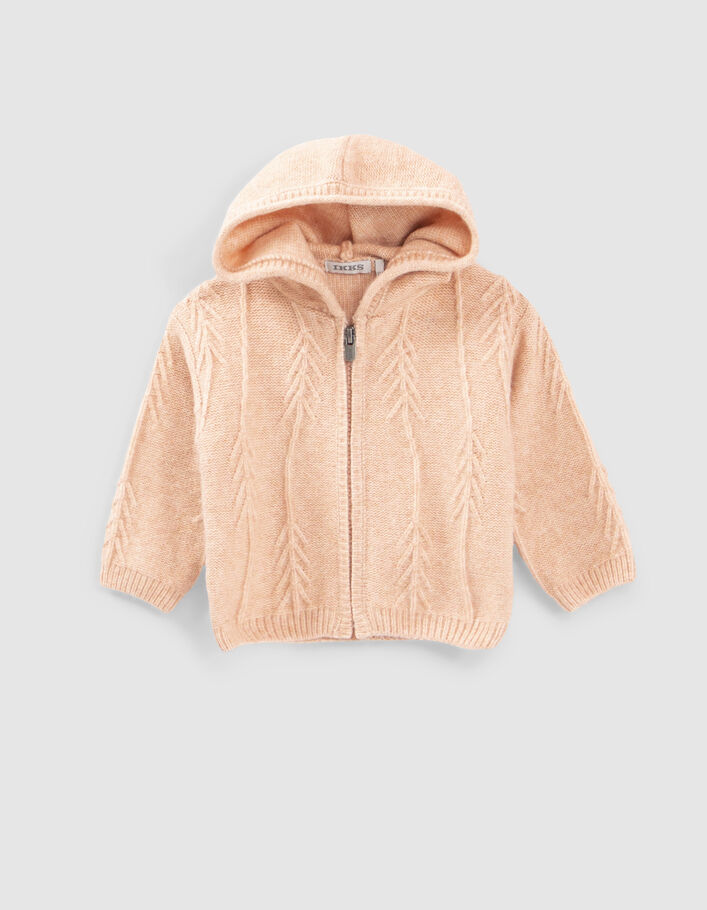 Cardigan rose poudré tricot fantaisie à capuche bébé fille