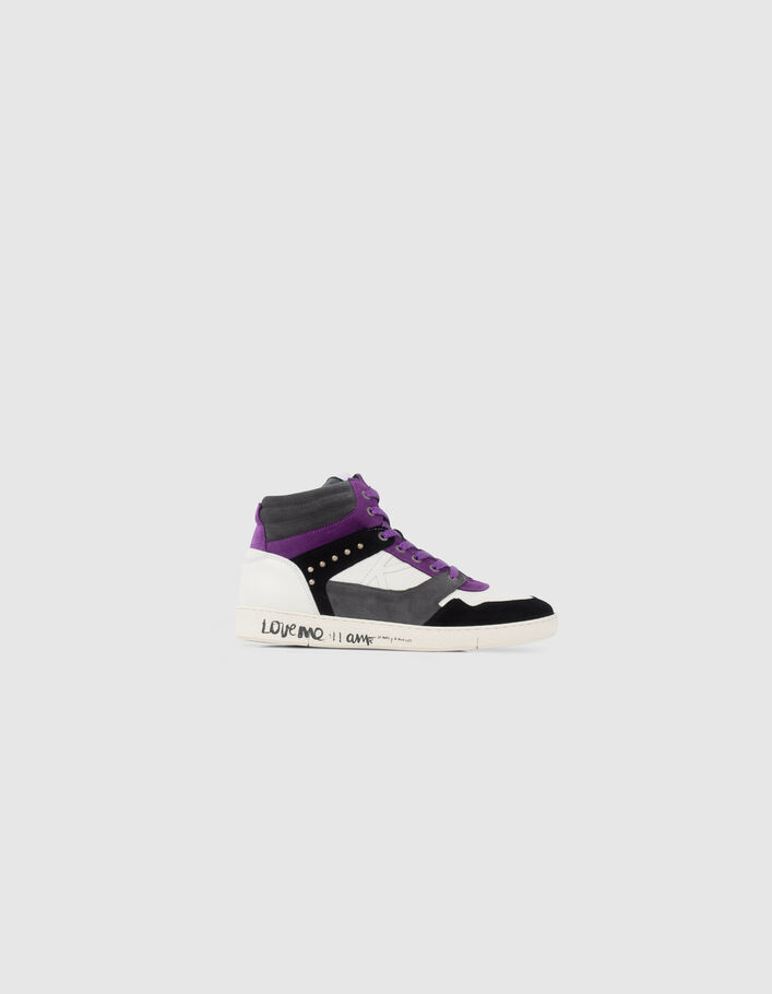 Sneakers noir, blanc, gris, violet mix cuir Femme