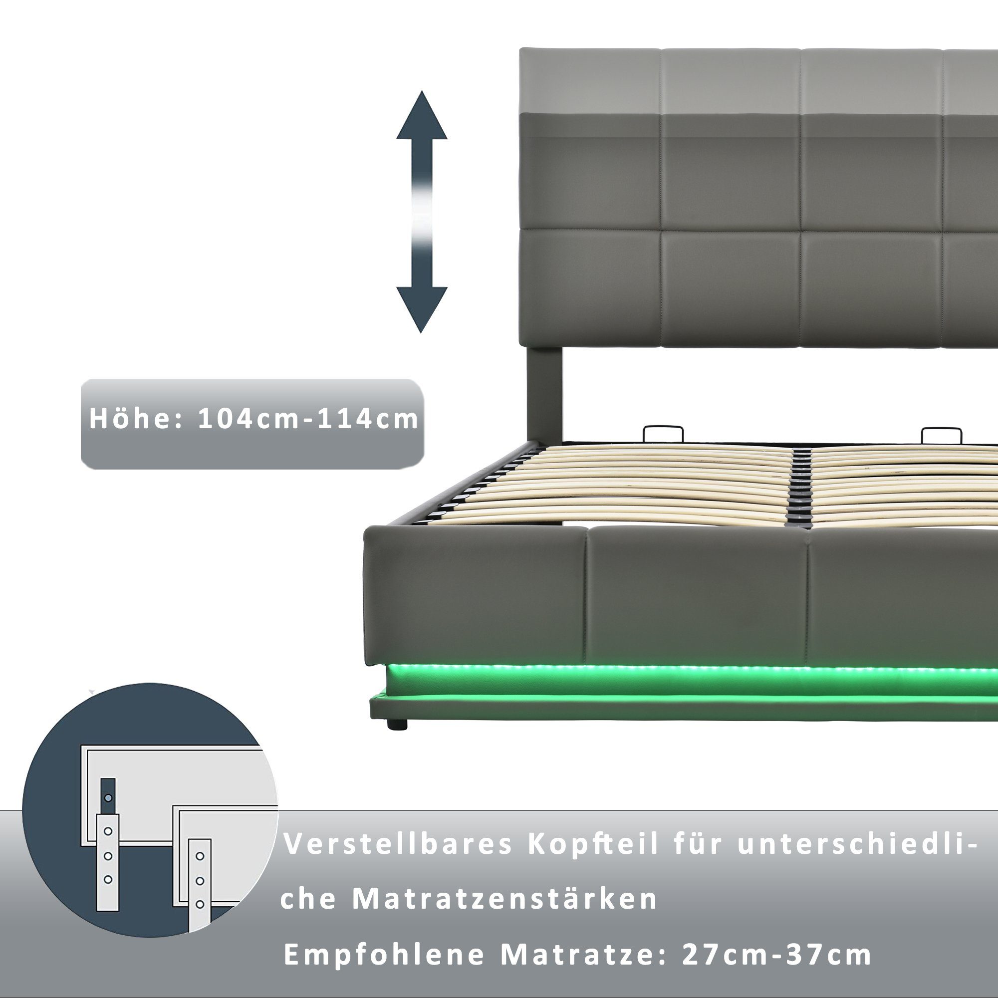 Flieks Polsterbett, LED hydraulisches Doppelbett Kunstleder 140x200cm