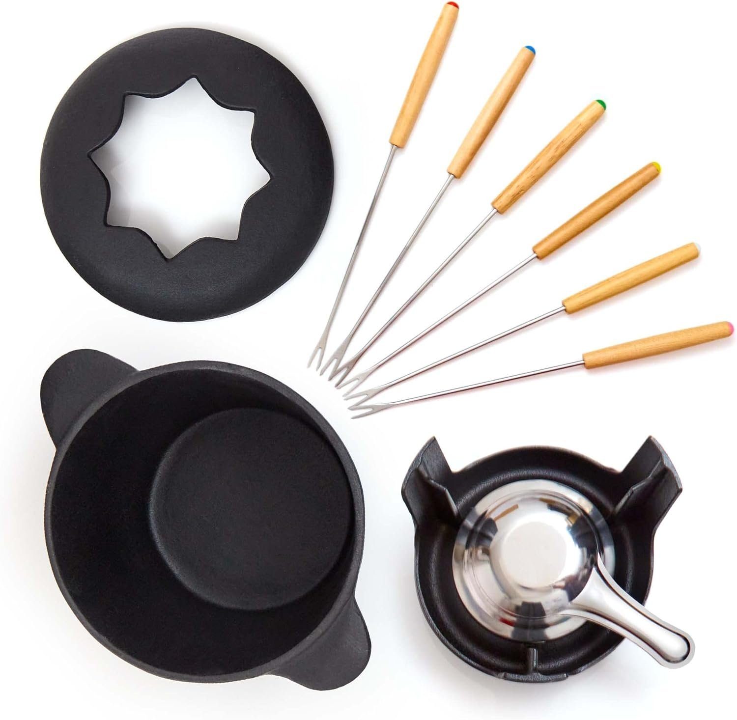 Bonvivre Raclette und Fondue-Set für 6 Personen, 1 Liter, 13-teilig mit Brenner und 6 Gabeln, Käsefondue Schokofondue Fleischfondue Gemüsefondue