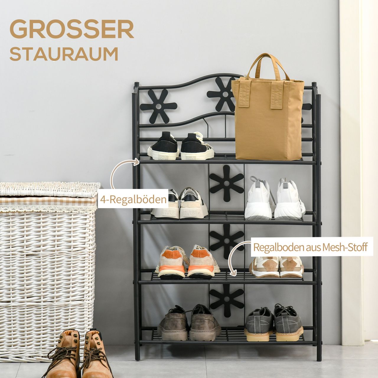 HOMCOM Pflanzenregal Blumenregal Pflanzentreppe Standregal Ständer 4 Etagen Metall Schwarz 59,5 x 30 x 92 cm