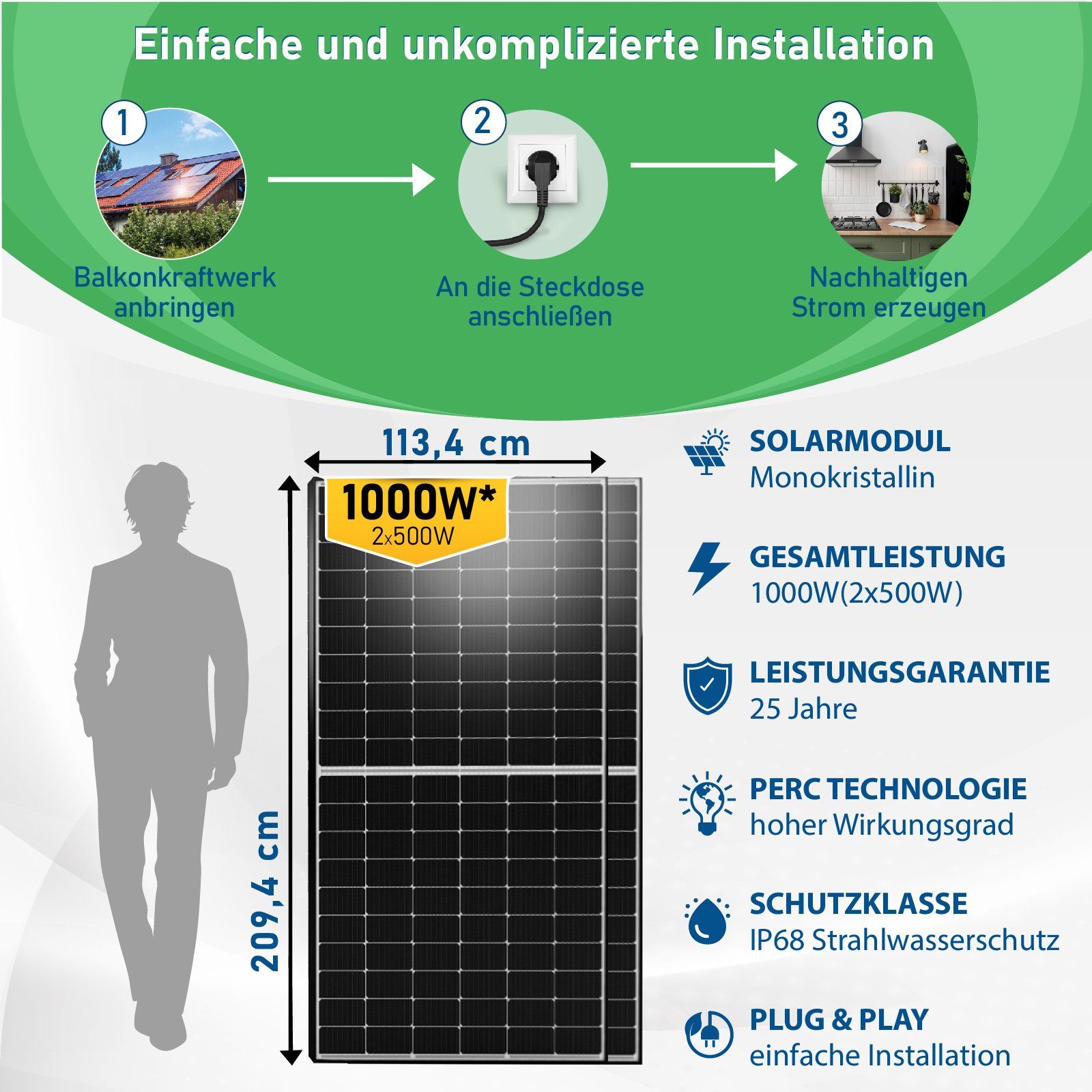 Campergold Solaranlage 1000W (2x500W) Photovoltaik Balkonkraftwerk Mini-PV Anlage, 800W DEYE WLAN upgradefähiger Wechselrichter mit Relais, Antireflexbeschichtung, Wasserdichtigkeitsklasse, Monokristallin, Balkon-Solaranlage steckerfertig für Ihr Hau