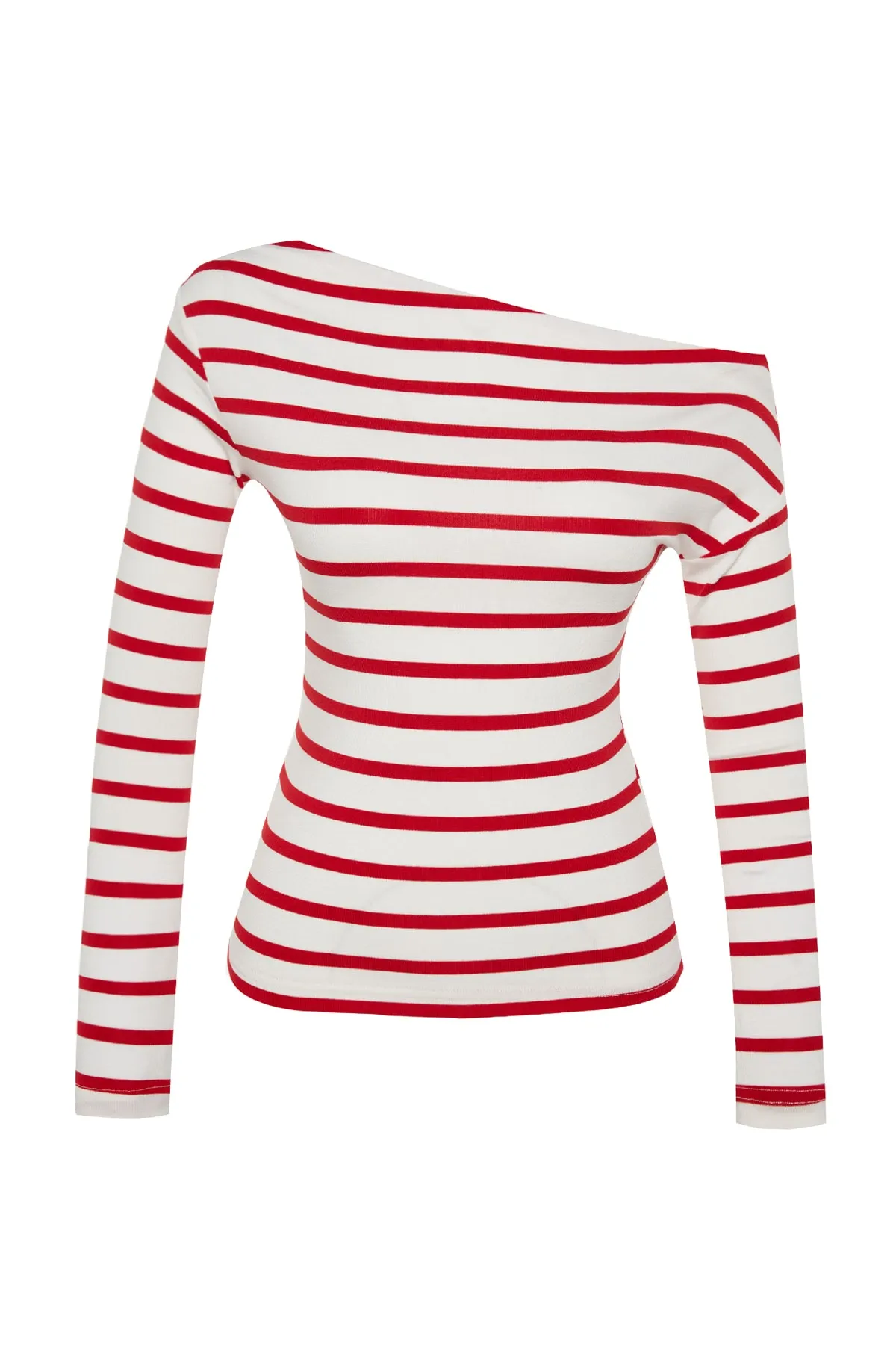 Trendyol Collection  Rot gestreifte, taillierte Strickbluse aus hochwertigem, weichem Stoff mit U-Boot-Ausschnitt TWOAW24BZ00227