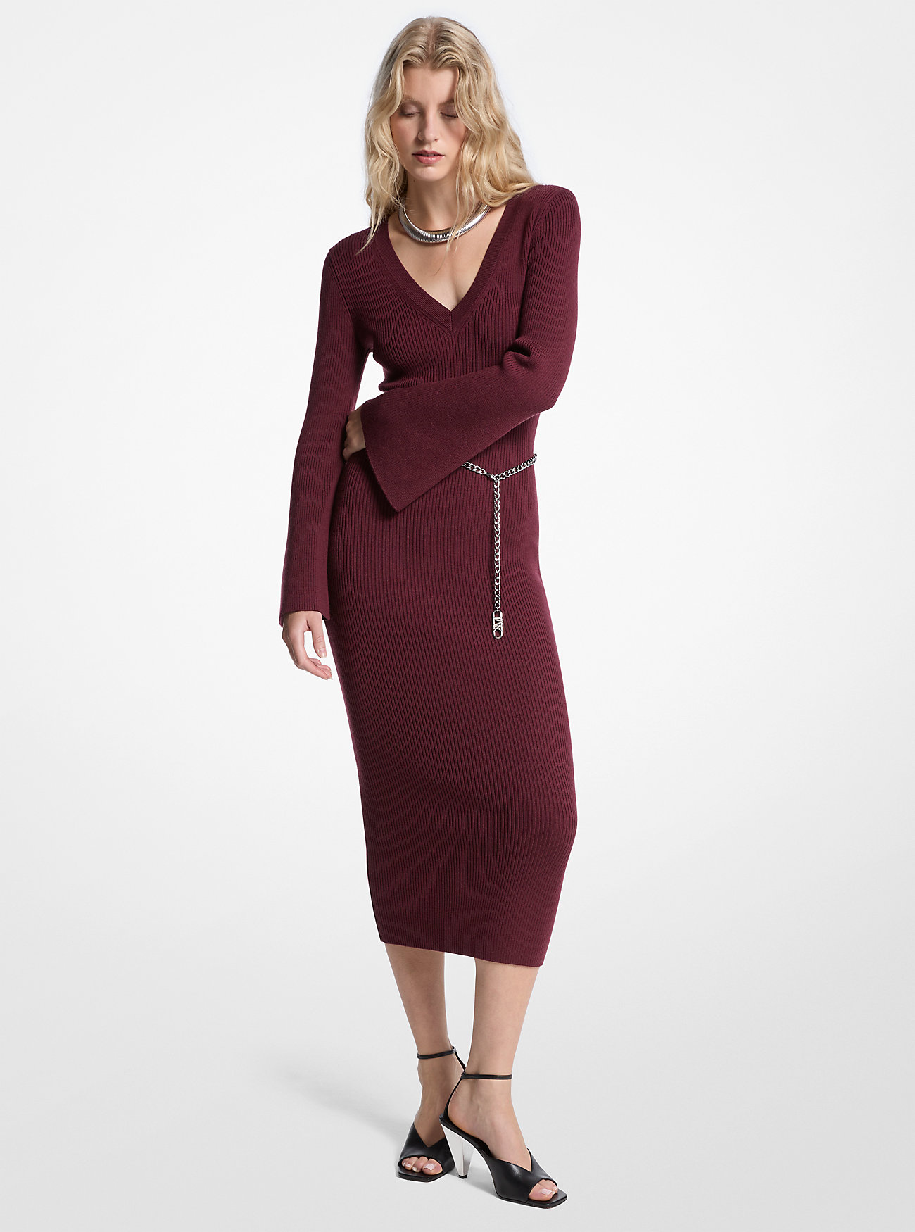 Midikjole i ullblanding med belte – OXBLOOD
