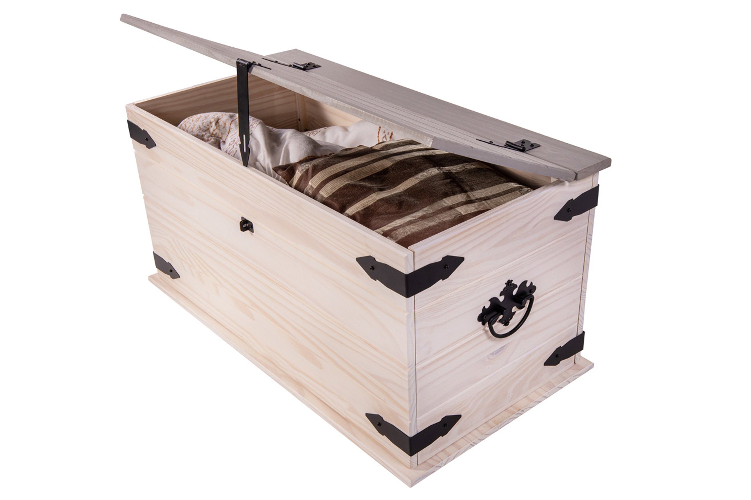 Junado® Truhentisch Merida, aus massivem Pinienholz, Mexiko-Design, weiß lasiert, graue Deckplatte