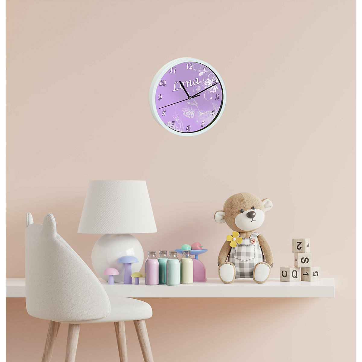 Kinder Wanduhr laufruhig personalisiert mit Name Blumenranke Lila
