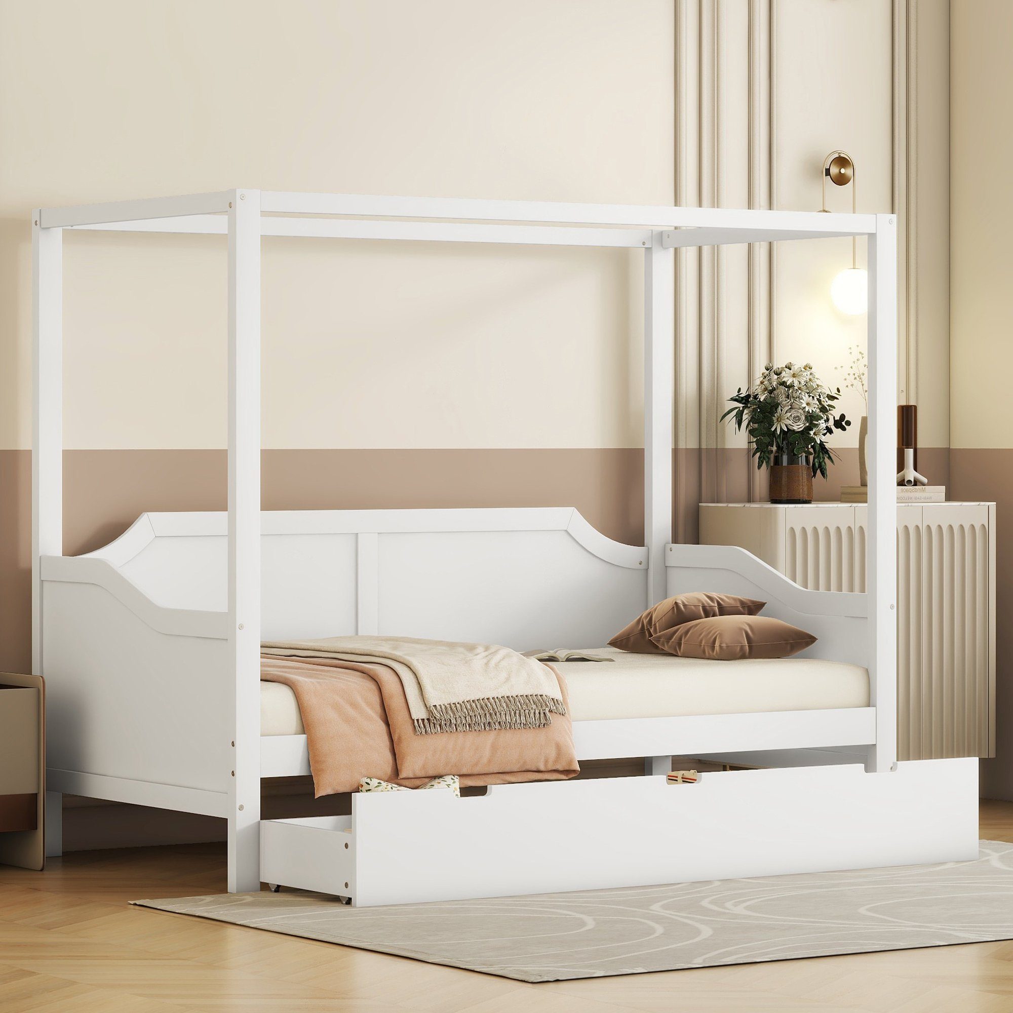 SOFTWEARY Himmelbett Einzelbett mit Lattenrost und Schubladen (90x200 cm), Holzbett aus Kiefer