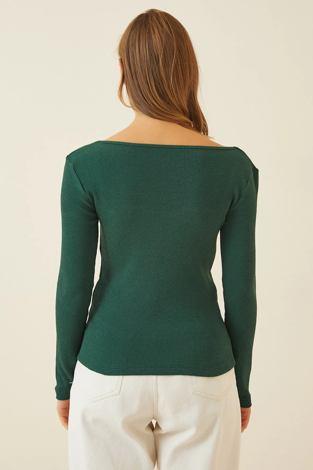 Happiness İstanbul  Grüne Damen-Strickbluse mit Herzkragen GT00100